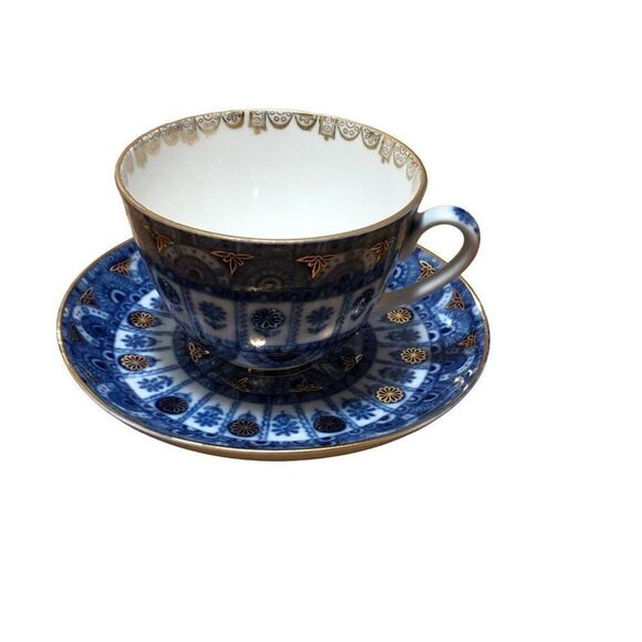 Vintage Lomonsov Tea Cup and Saucer Set Cobalt Blue Gold Arches - Picture 1 of 4